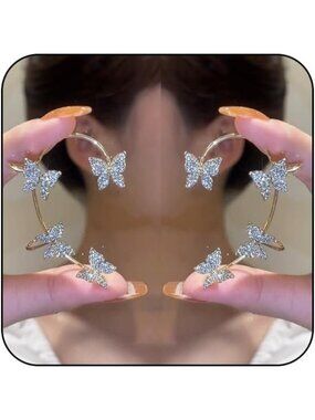 Women's Gold Alloy Butterfly Ear Rhinestone Wrap No Piercing Cuff Clip Earrings